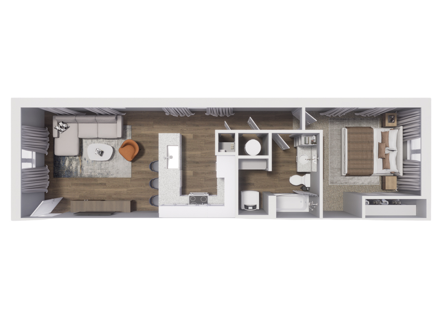 Rendering of the A2 floor plan with 1 bedroom[s] and 1 bathroom[s] at Cottages at Abbott Station