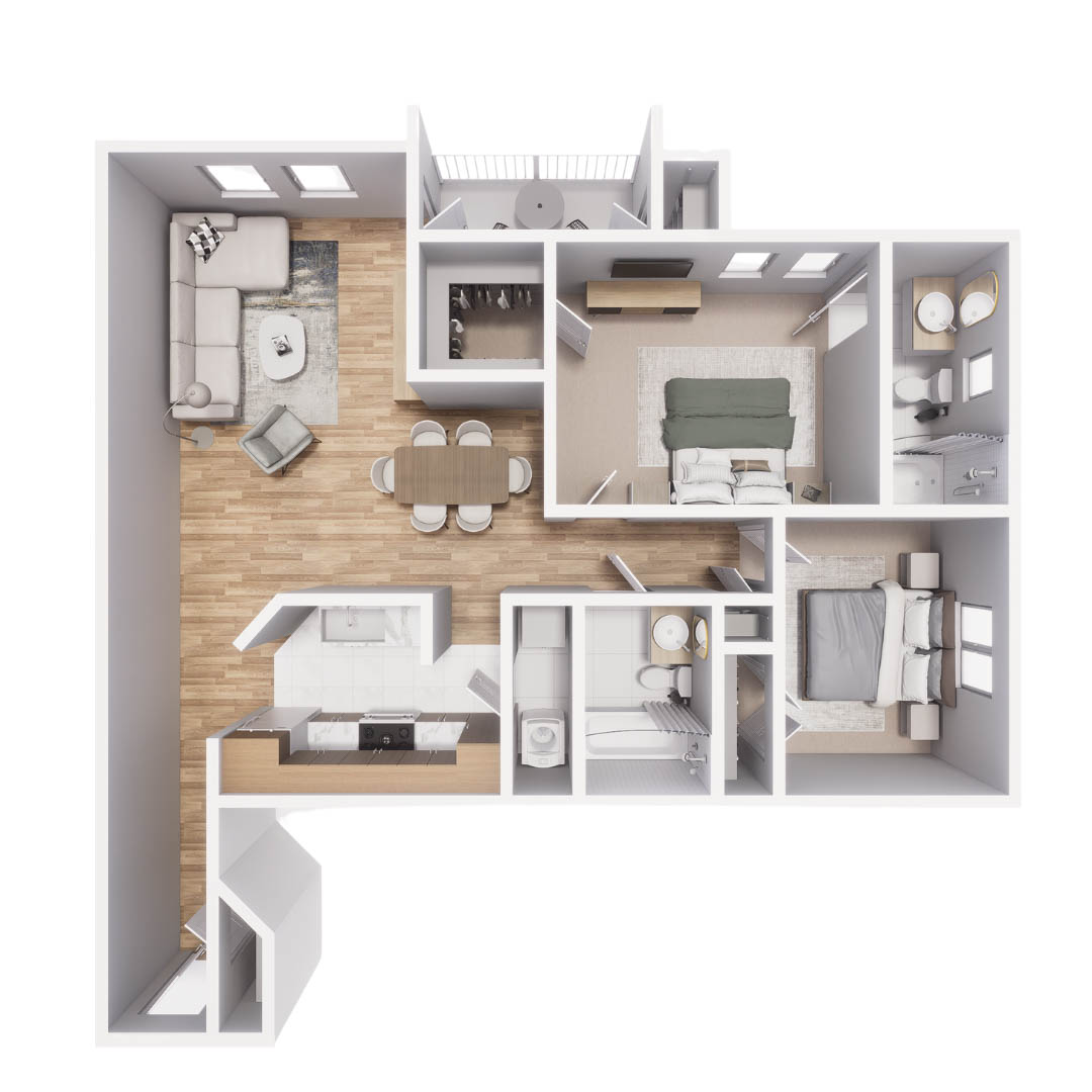 Rendering of the B3 floor plan with 2 bedroom[s] and 2 bathroom[s] at Mandarina