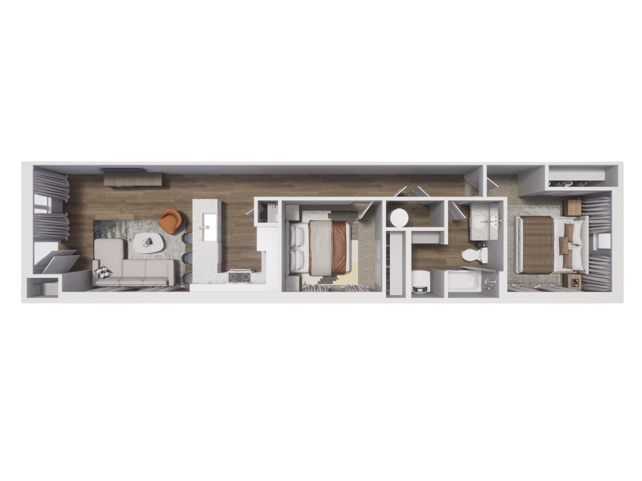 Rendering of the B2 floor plan with 2 bedroom[s] and 2 bathroom[s] at Cottages at Abbott Station