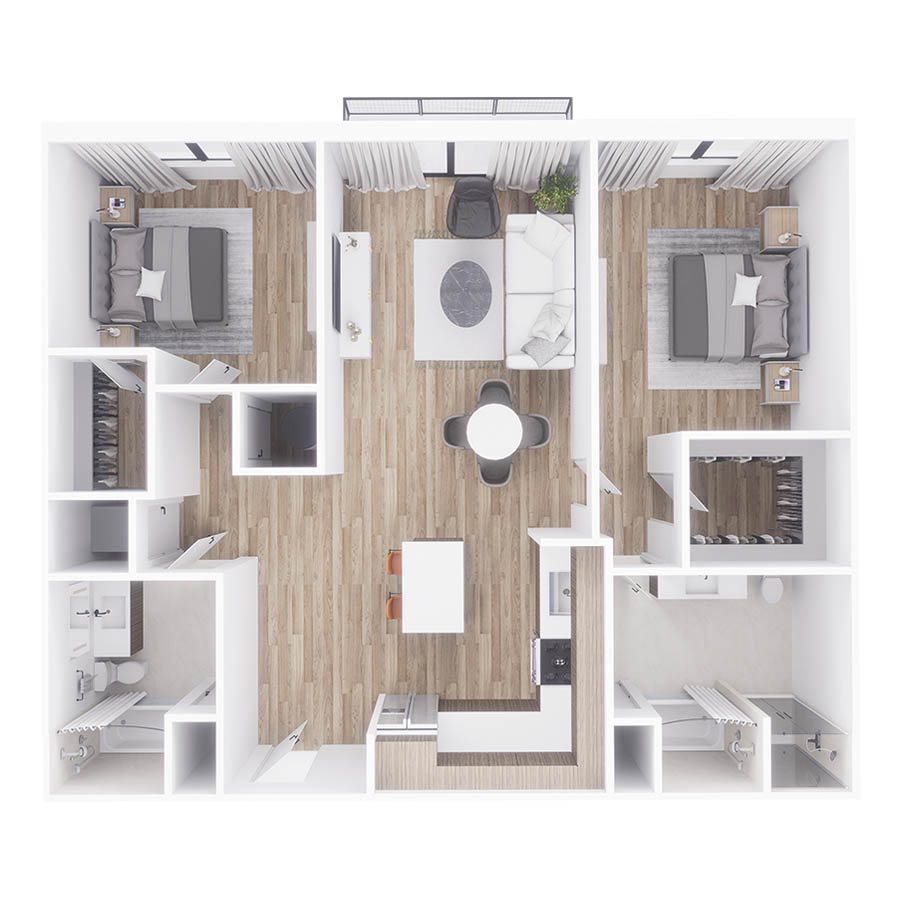 Rendering of the B2 floor plan with 2 bedroom[s] and 2 bathroom[s] at Sanctuary Doral