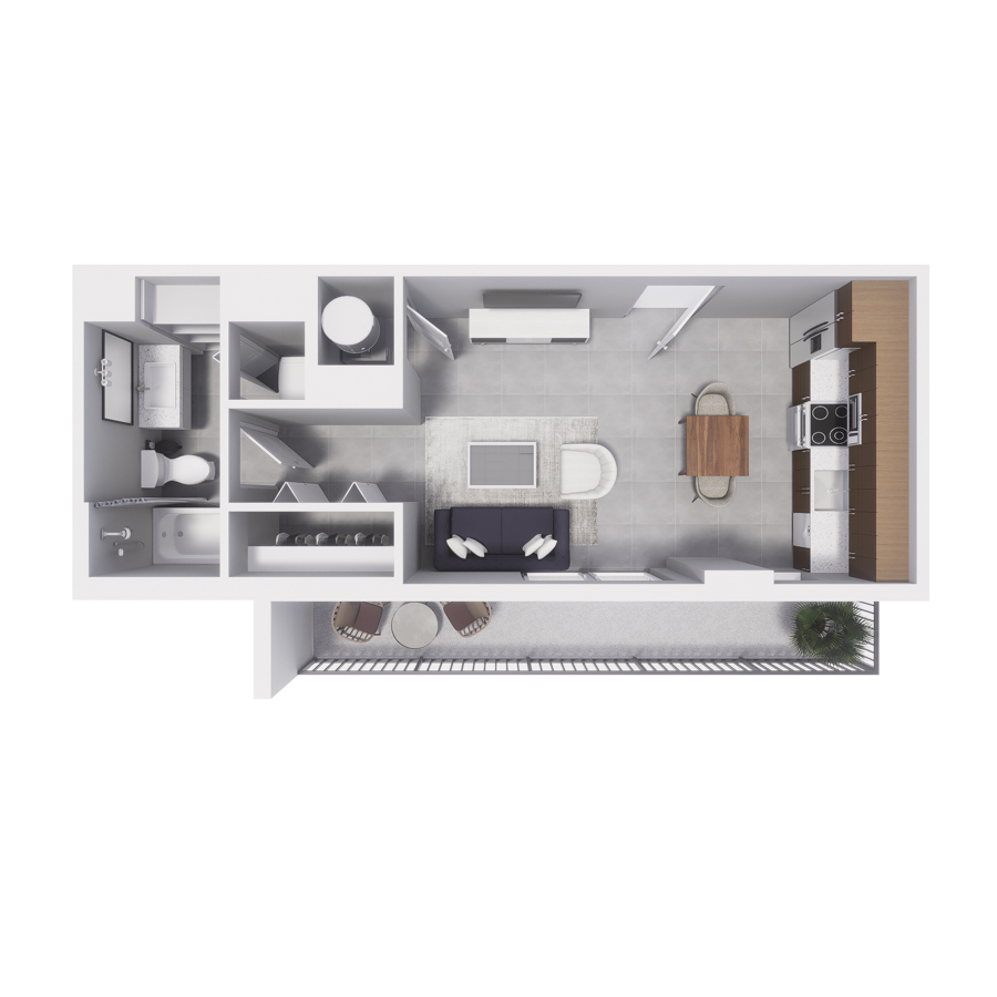 Rendering of the S9 floor plan with a Studio bedroom and 1 bathroom[s] at Arte Grand Central