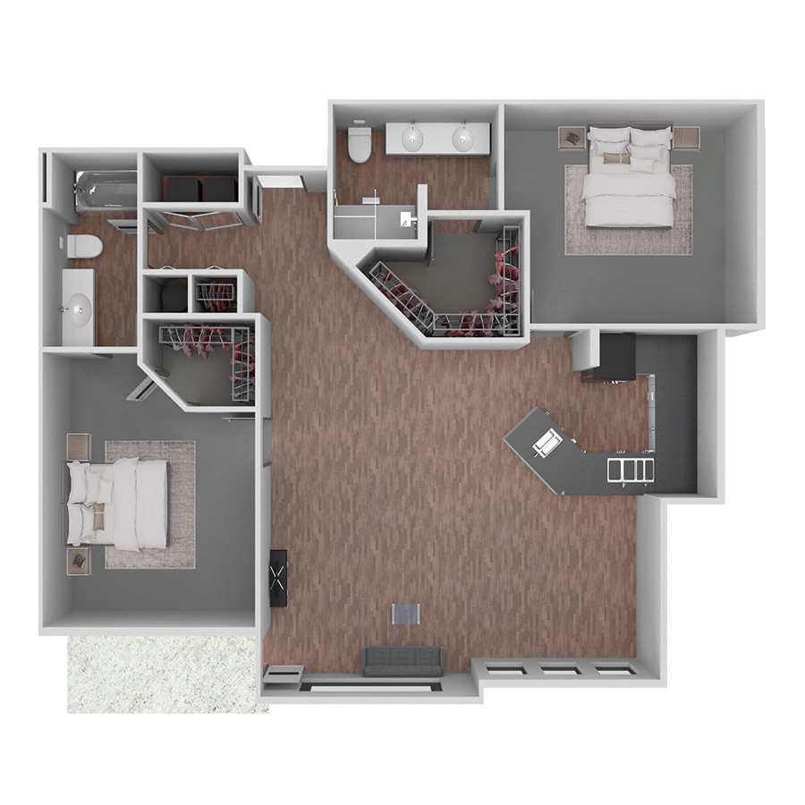 Rendering of the C2 floor plan with 2 bedroom[s] and 2 bathroom[s] at Prairie View at Village West