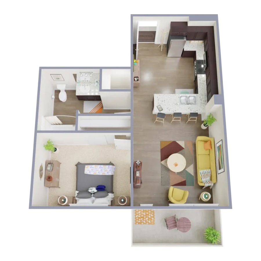 Rendering of the A2 floor plan with 1 bedroom[s] and 1 bathroom[s] at Marq at Monument Ridge
