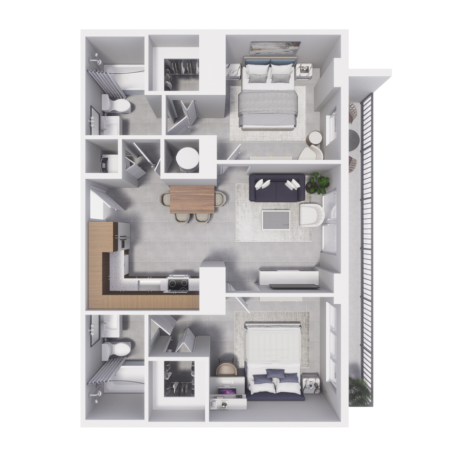 Rendering of the B3 floor plan with 2 bedroom[s] and 2 bathroom[s] at Arte Grand Central