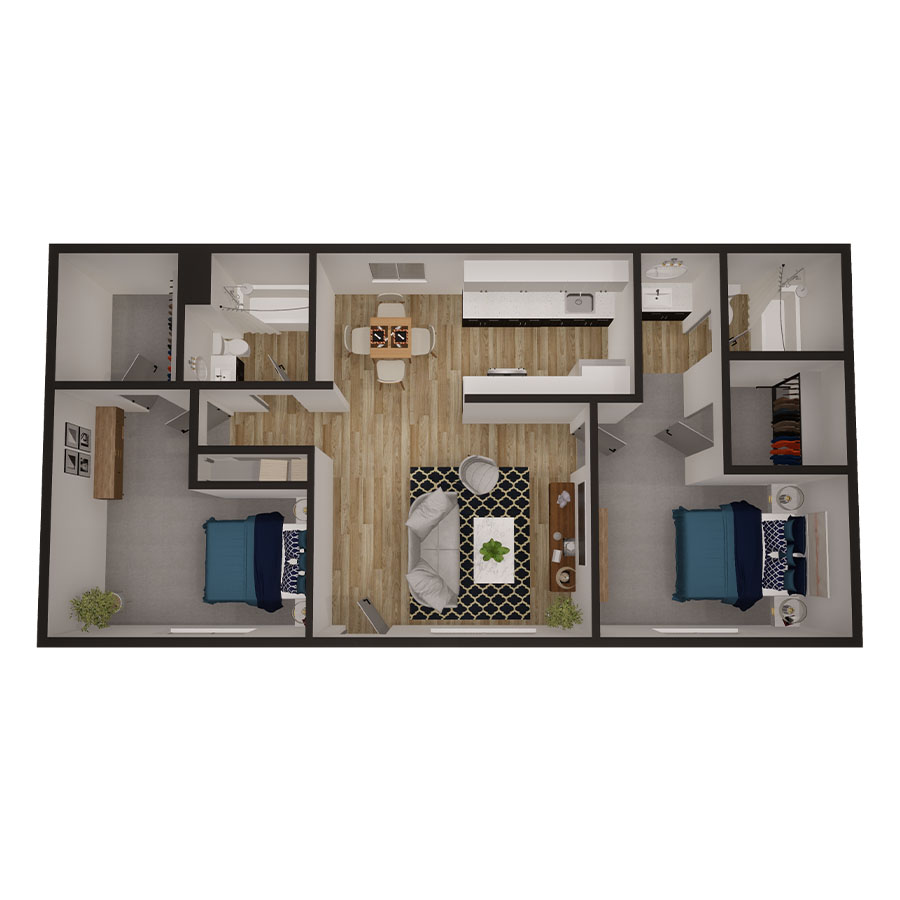 Rendering of the Thomas floor plan with 2 bedroom[s] and 2 bathroom[s] at Omnia on Thomas