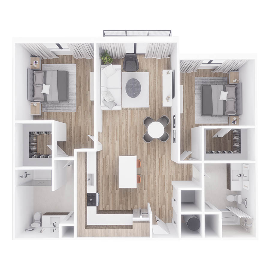 Rendering of the B1W floor plan with 2 bedroom[s] and 2 bathroom[s] at Sanctuary Doral