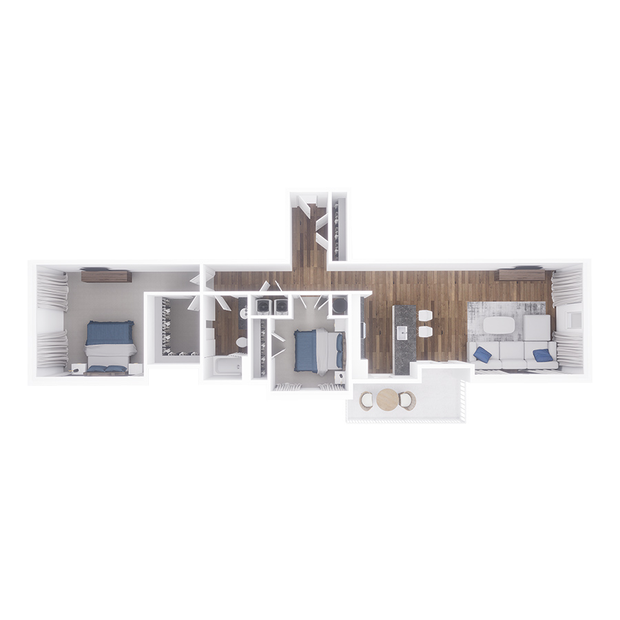 Rendering of the Brighton floor plan with 2 bedroom[s] and 1 bathroom[s] at Village West