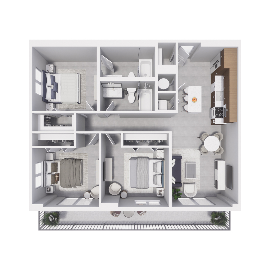 Rendering of the C1 floor plan with 3 bedroom[s] and 2 bathroom[s] at Arte Grand Central