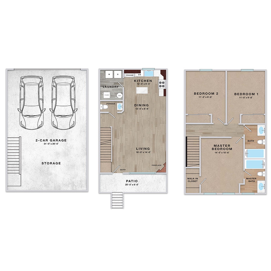 Rendering of the 3x2.5 - 1280 sqft - SC1 floor plan with 3 bedroom[s] and 2.5 bathroom[s] at Enclave Rigden Farm