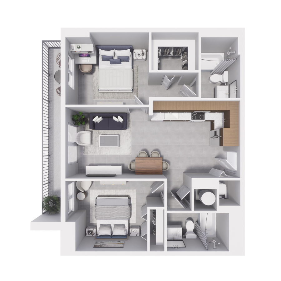 Rendering of the B2 floor plan with 2 bedroom[s] and 2 bathroom[s] at Arte Grand Central