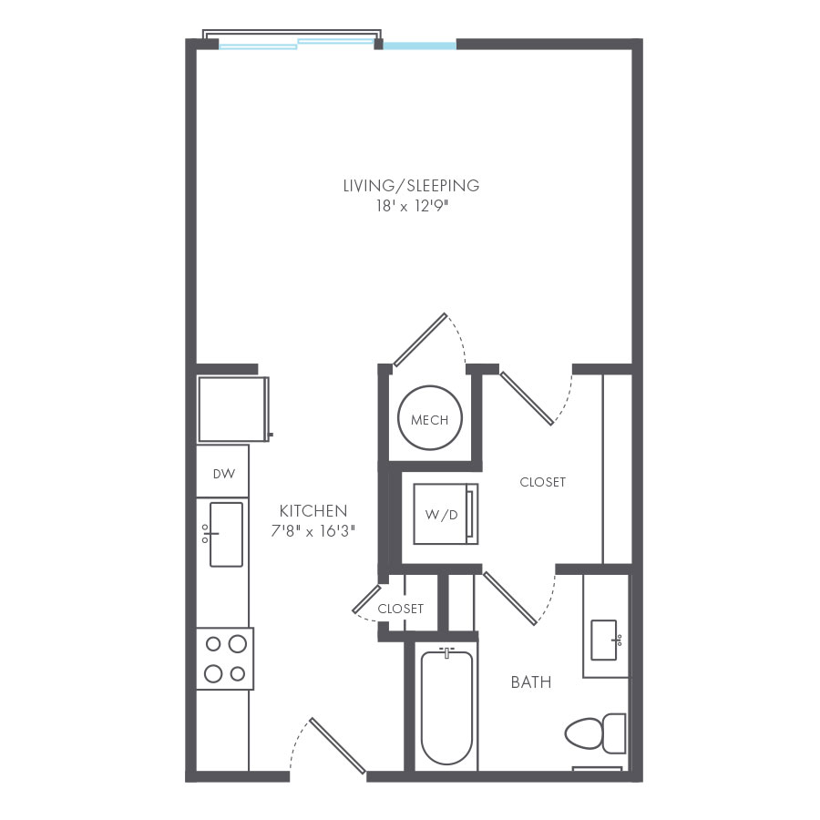 Rendering of the Artist floor plan with a Studio bedroom and 1 bathroom[s] at Arte Kansas City