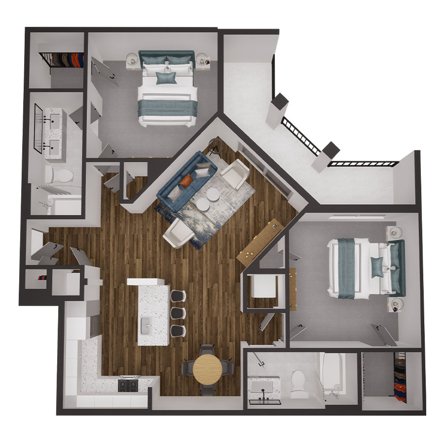 Rendering of the 2C floor plan with 2 bedroom[s] and 2 bathroom[s] at 500 Ocean