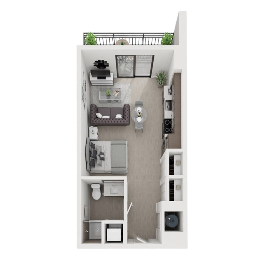 Rendering of the S14 floor plan with a Studio bedroom and 1 bathroom[s] at Arte Grand Central