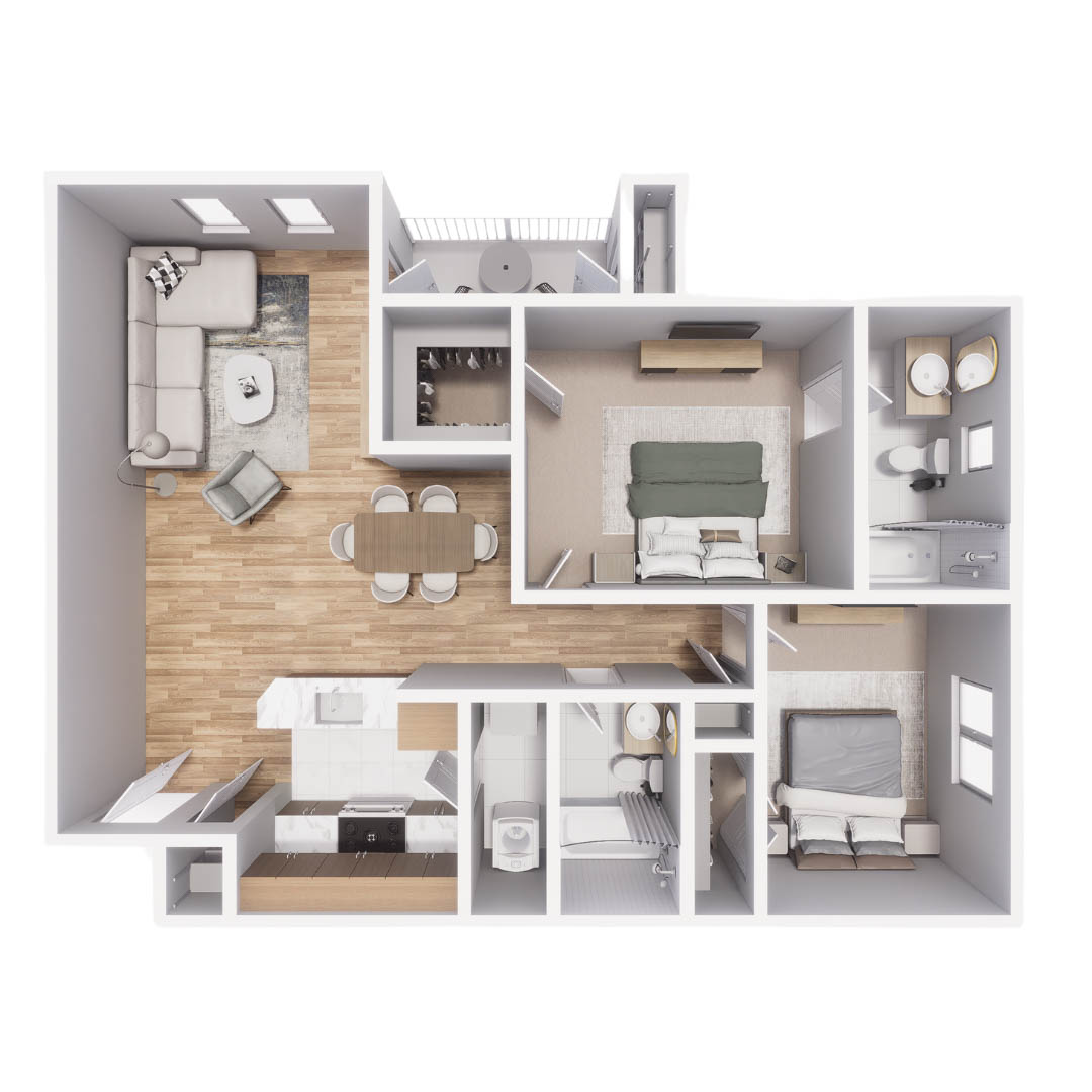 Rendering of the B2 floor plan with 2 bedroom[s] and 2 bathroom[s] at Mandarina