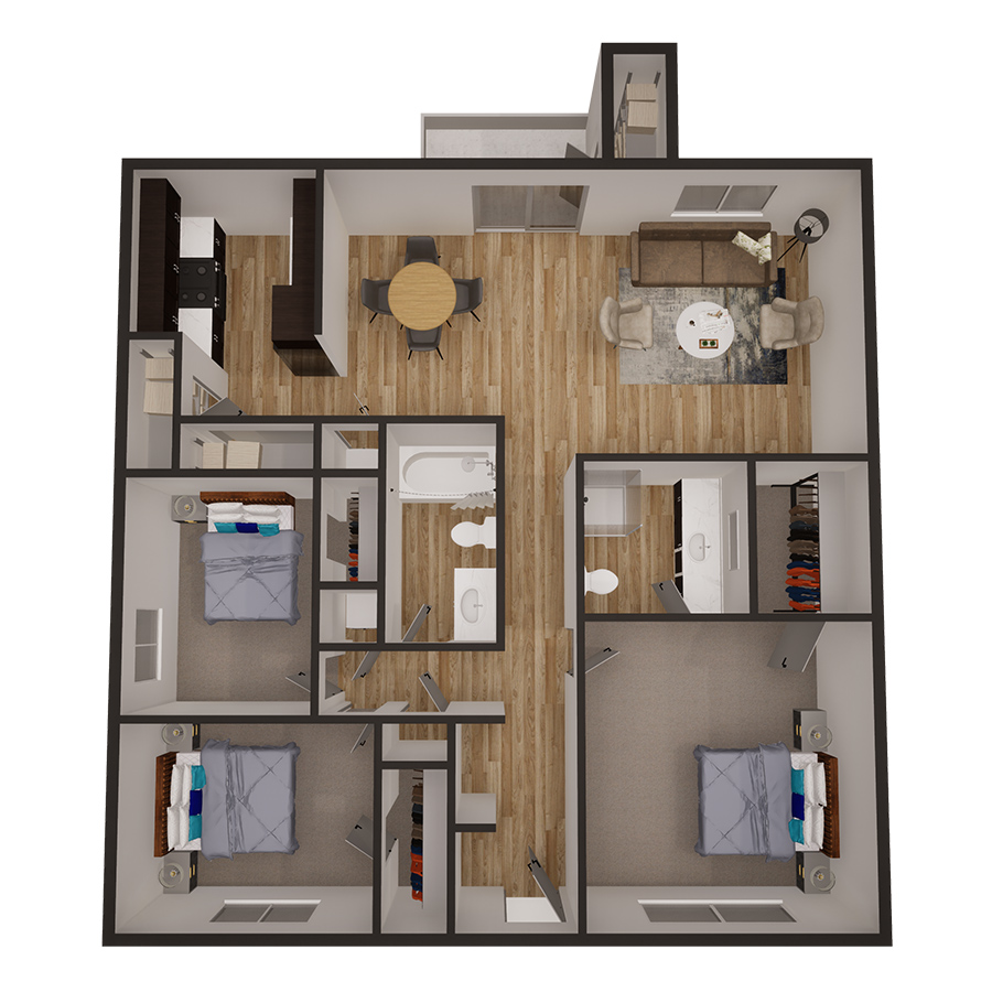 Rendering of the 3x2 1444 sqft - Partial floor plan with 3 bedroom[s] and 2 bathroom[s] at Latitude