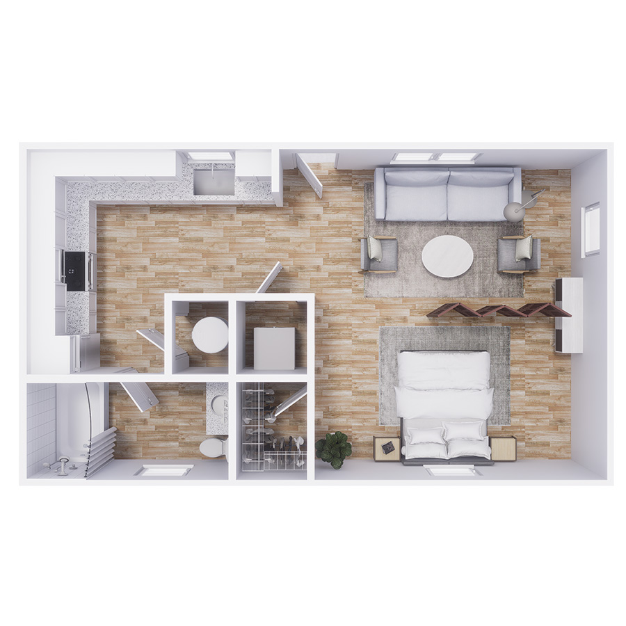 Rendering of the S2 floor plan with a Studio bedroom and 1 bathroom[s] at Cottages at North Carefree