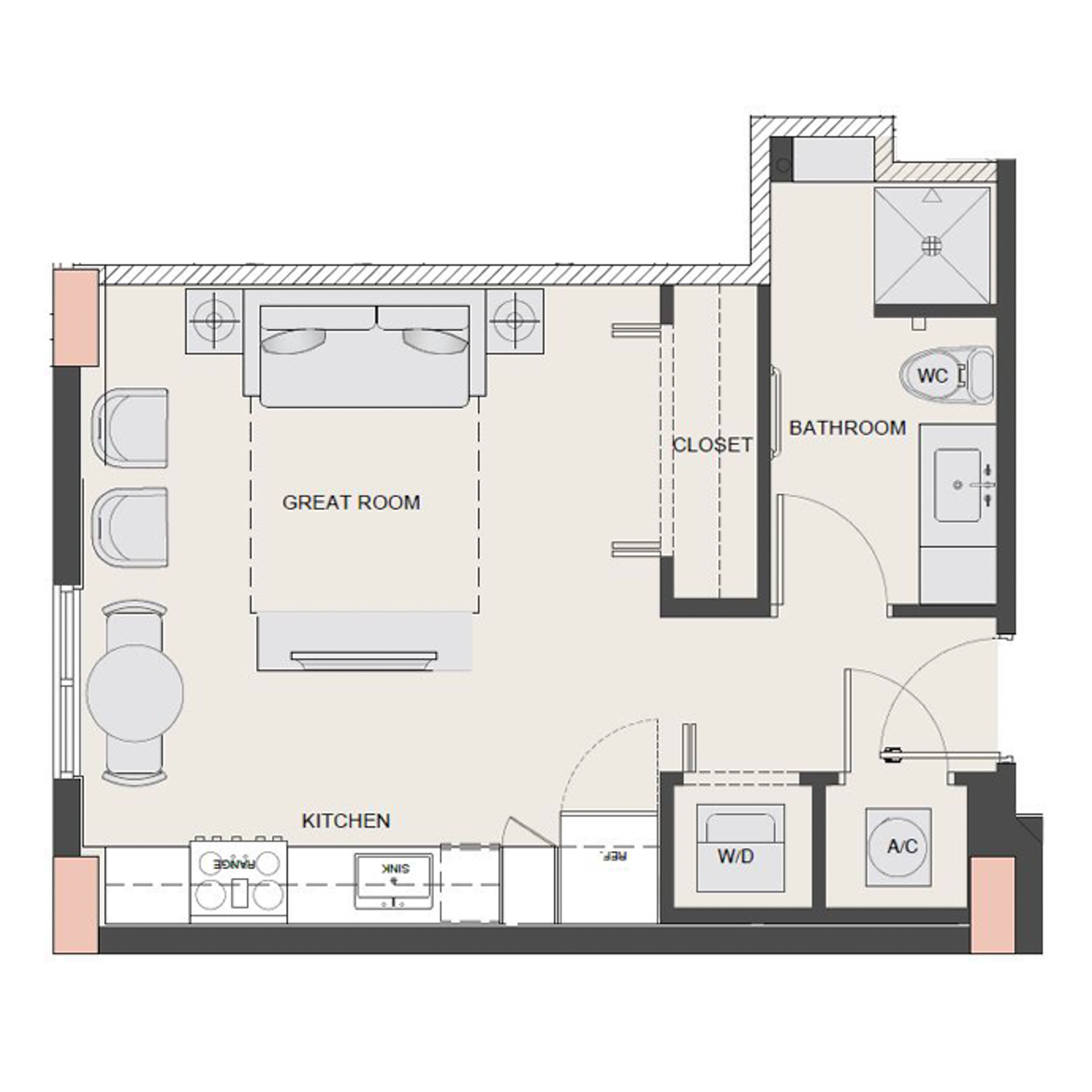 Rendering of the S13 floor plan with a Studio bedroom and 1 bathroom[s] at Arte Grand Central
