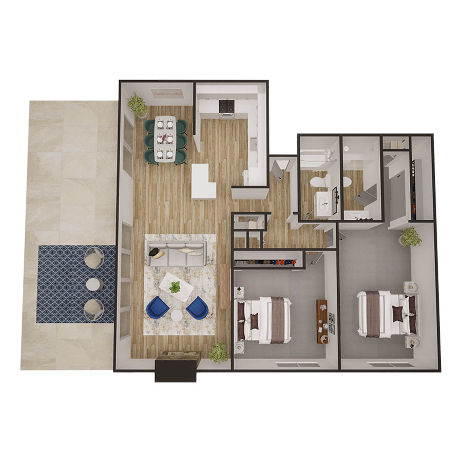 Rendering of the The Alhambra floor plan with 2 bedroom[s] and 2 bathroom[s] at Kenilworth