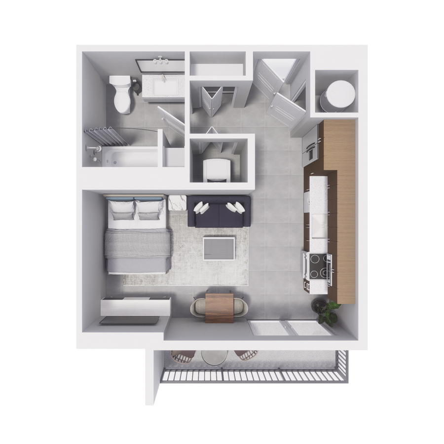 Rendering of the S3 floor plan with a Studio bedroom and 1 bathroom[s] at Arte Grand Central