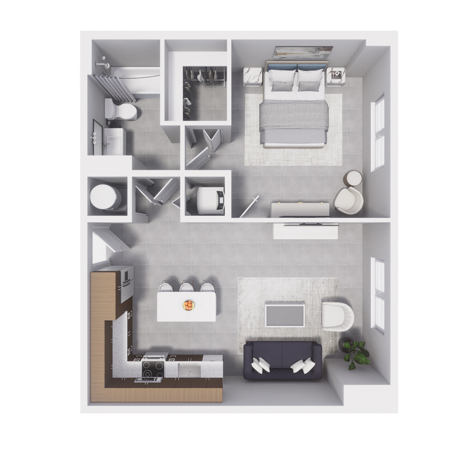 Rendering of the A11 floor plan with 1 bedroom[s] and 1 bathroom[s] at Arte Grand Central