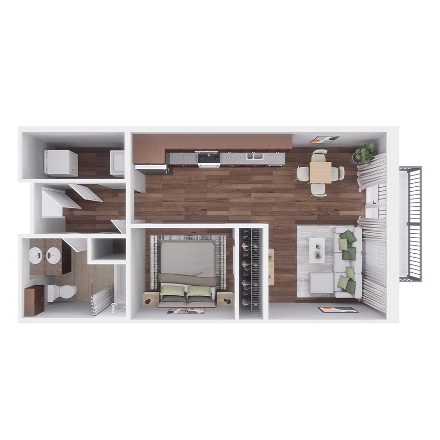 Rendering of the A floor plan with a Studio bedroom and 1 bathroom[s] at Village at Mission Farms