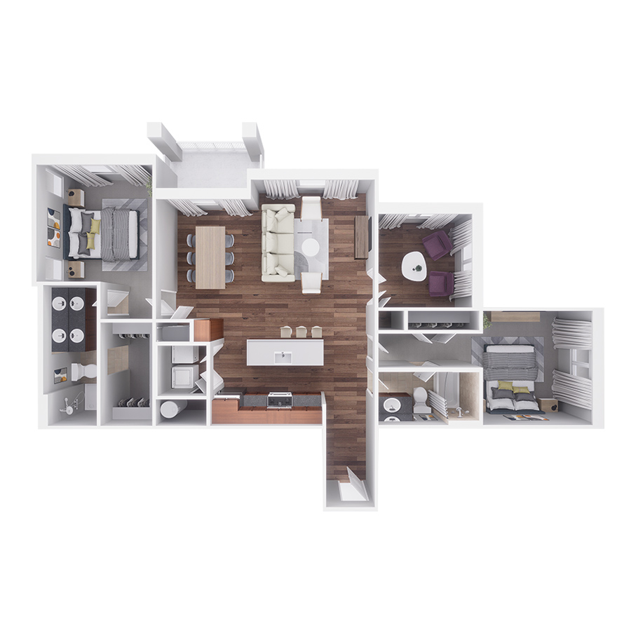 Rendering of the D2 - 2 Bed with Den floor plan with 2 bedroom[s] and 2 bathroom[s] at Highlands Lodge