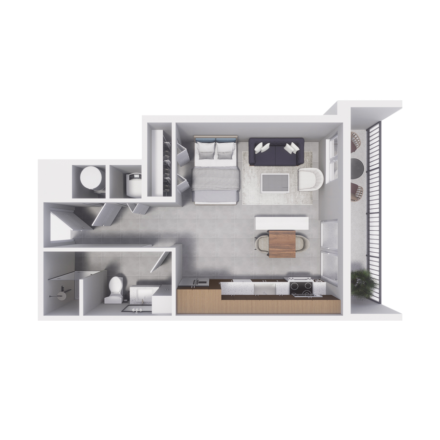 Rendering of the S12 floor plan with a Studio bedroom and 1 bathroom[s] at Arte Grand Central