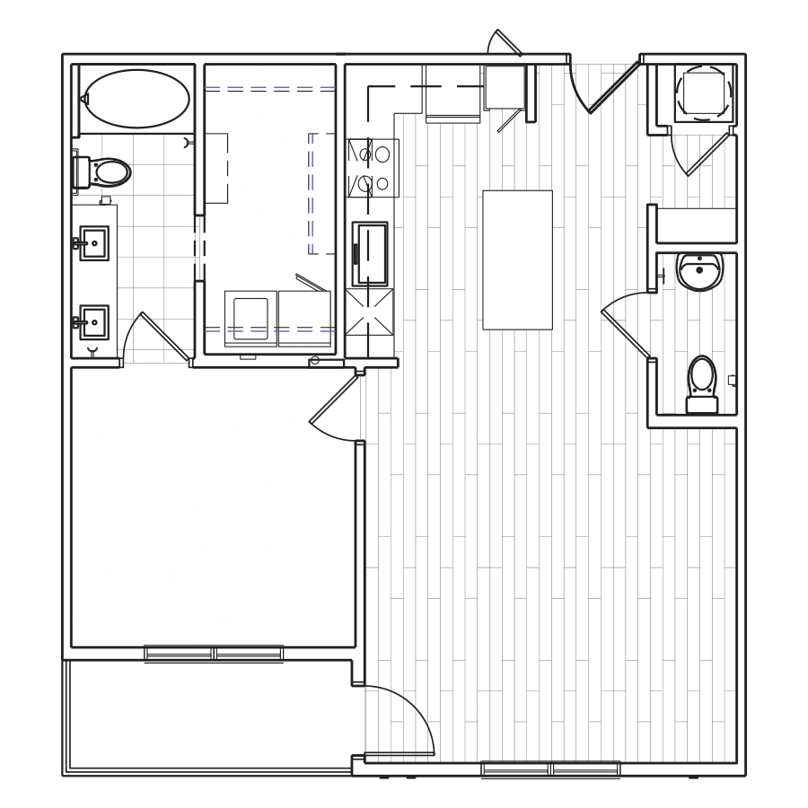 Rendering of the A6 floor plan with 1 bedroom[s] and 1.5 bathroom[s] at The Locale