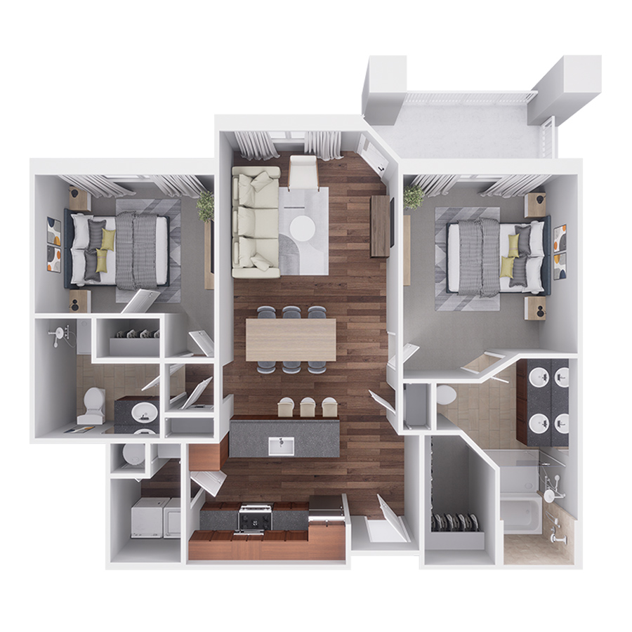 Rendering of the C2A floor plan with 2 bedroom[s] and 2 bathroom[s] at Highlands Lodge