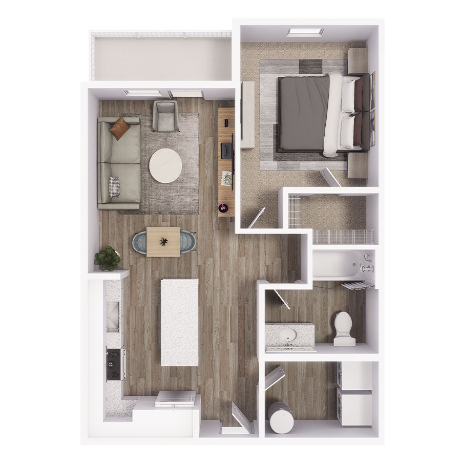 Rendering of the A2 floor plan with 1 bedroom[s] and 1 bathroom[s] at Avery Orlando