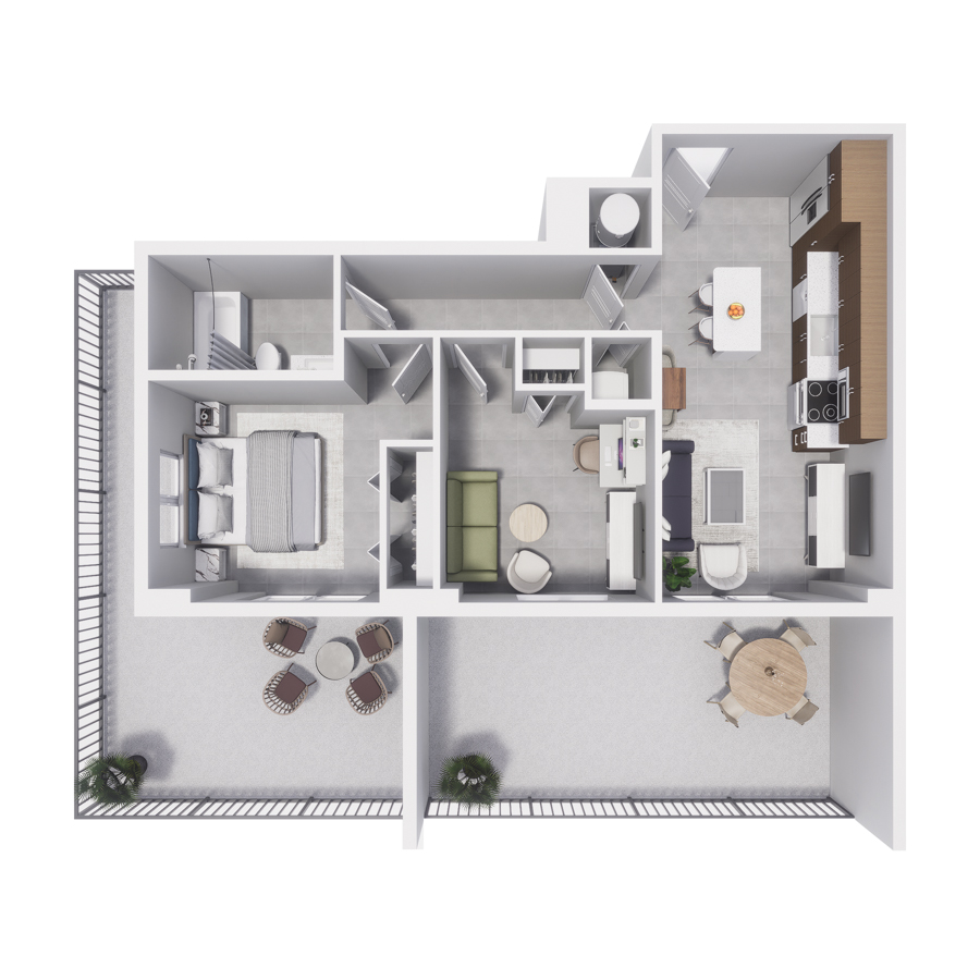Rendering of the BA2 floor plan with 2 bedroom[s] and 1 bathroom[s] at Arte Grand Central