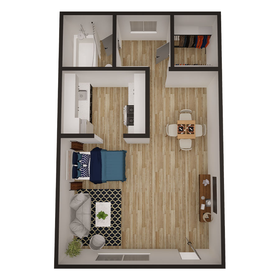 Rendering of the Phoenician floor plan with a Studio bedroom and 1 bathroom[s] at Omnia on Thomas