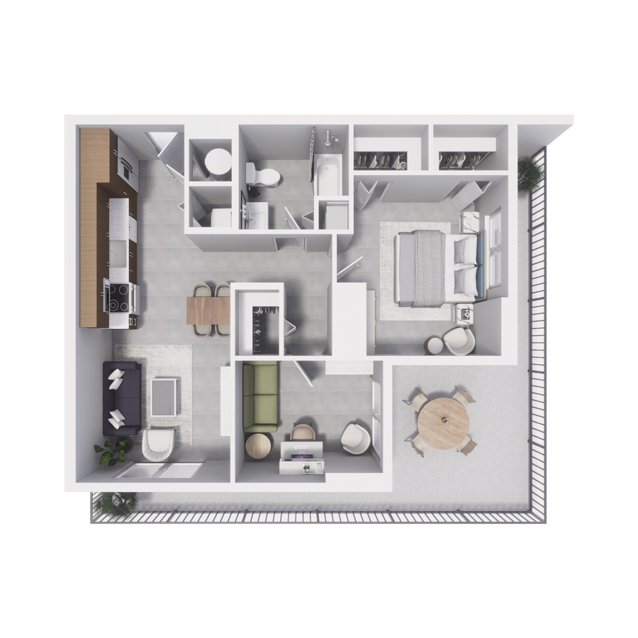 Rendering of the BA3 floor plan with 1 bedroom[s] and 1 bathroom[s] at Arte Grand Central