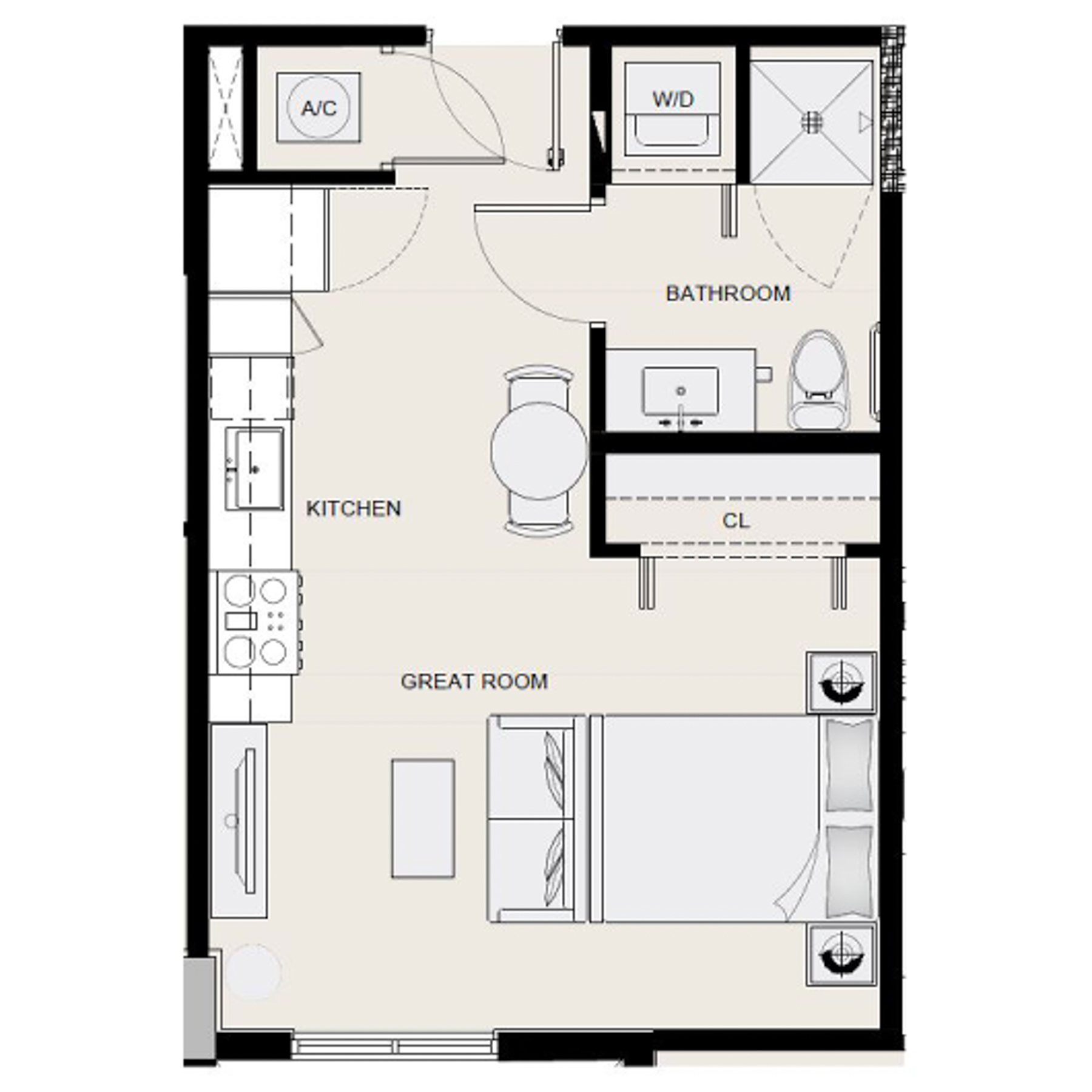 Rendering of the S5 floor plan with a Studio bedroom and 1 bathroom[s] at Arte Grand Central