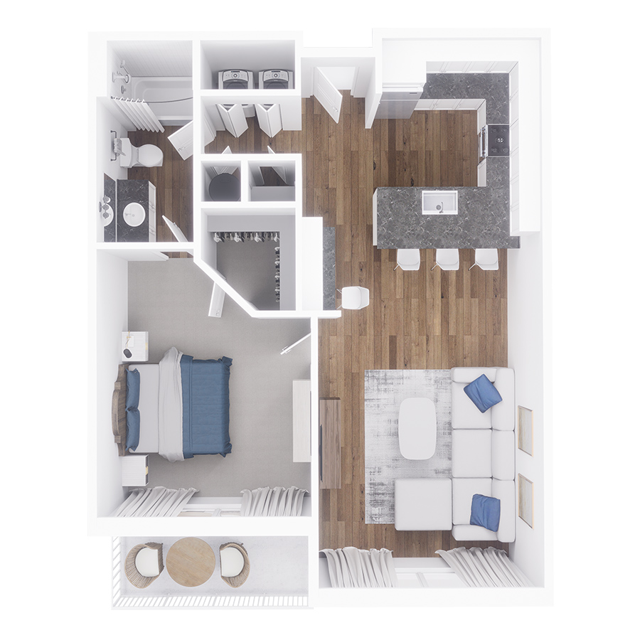 Rendering of the Aberdeen floor plan with 1 bedroom[s] and 1 bathroom[s] at Village West