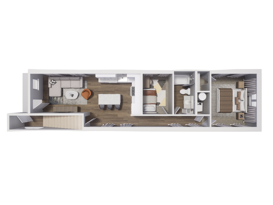 Rendering of the A3 floor plan with 1 bedroom[s] and 1 bathroom[s] at Cottages at Abbott Station