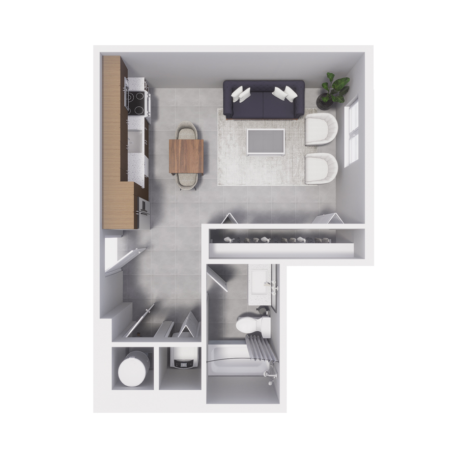 Rendering of the S7 floor plan with a Studio bedroom and 1 bathroom[s] at Arte Grand Central