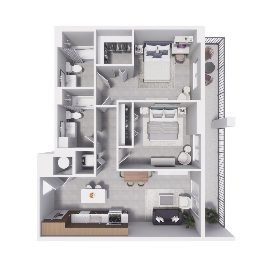 Rendering of the B7 floor plan with 2 bedroom[s] and 2 bathroom[s] at Arte Grand Central