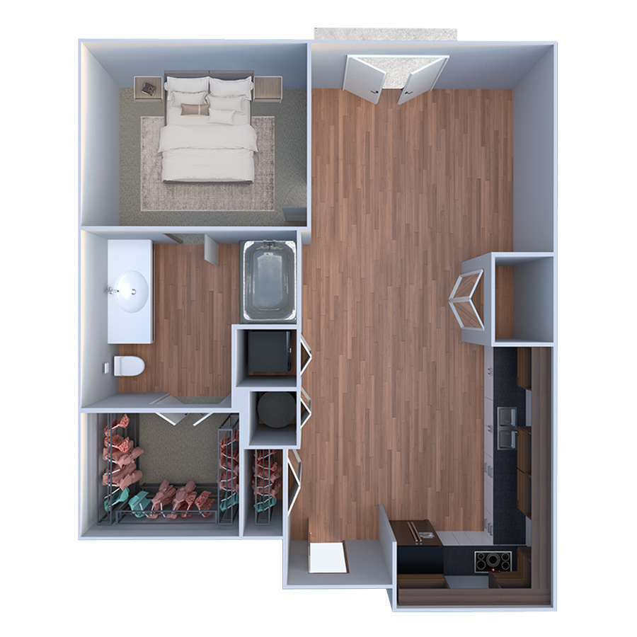 Rendering of the A Otto floor plan with 1 bedroom[s] and 1 bathroom[s] at Forum Fitzsimons