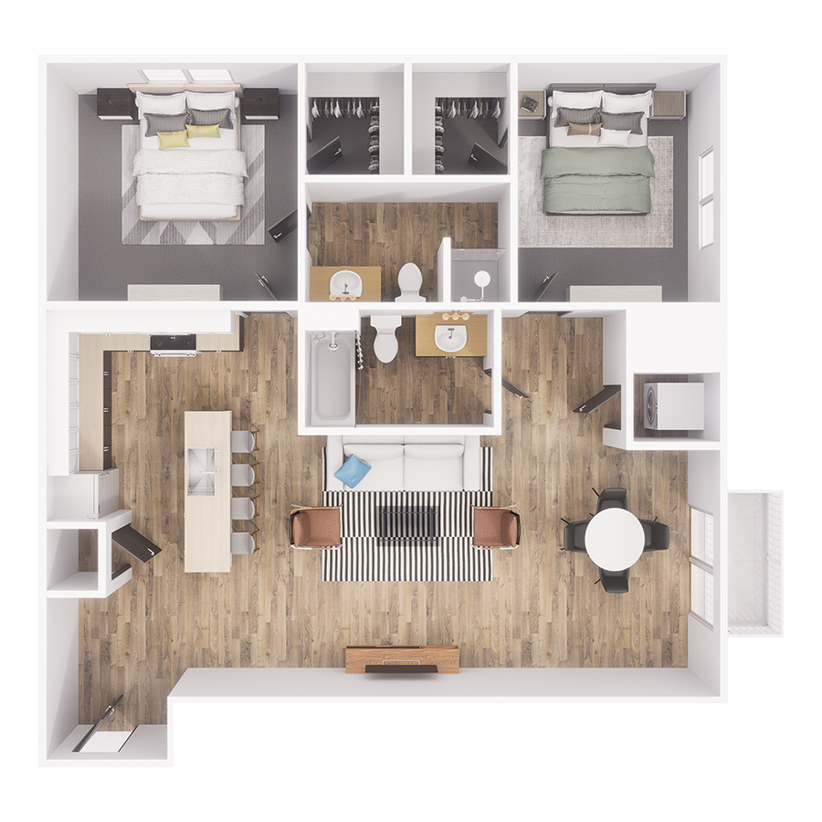 Rendering of the B5 floor plan with 2 bedroom[s] and 2 bathroom[s] at The Overland