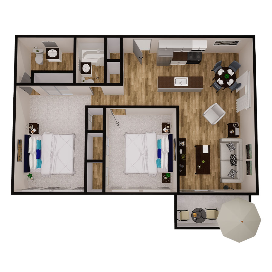 Rendering of the Two Bedroom floor plan with 2 bedroom[s] and 2 bathroom[s] at Flats at Pinecliff