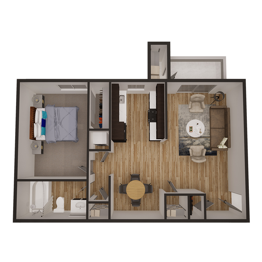Rendering of the 1x1 680 sqft - Partial floor plan with 1 bedroom[s] and 1 bathroom[s] at Latitude