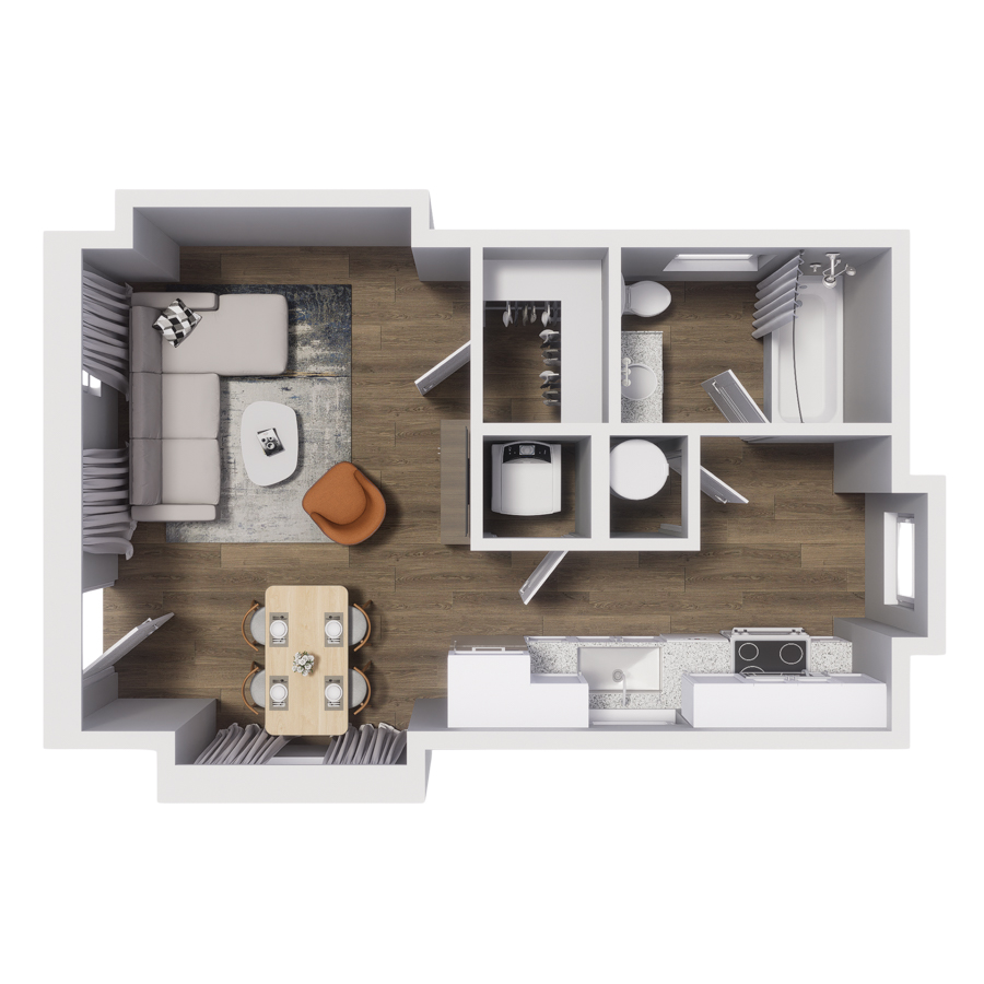 Rendering of the S3 floor plan with a Studio bedroom and 1 bathroom[s] at Cottages at Abbott Station