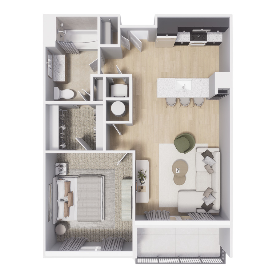 Rendering of the Flatirons floor plan with 1 bedroom[s] and 1 bathroom[s] at Centre Court