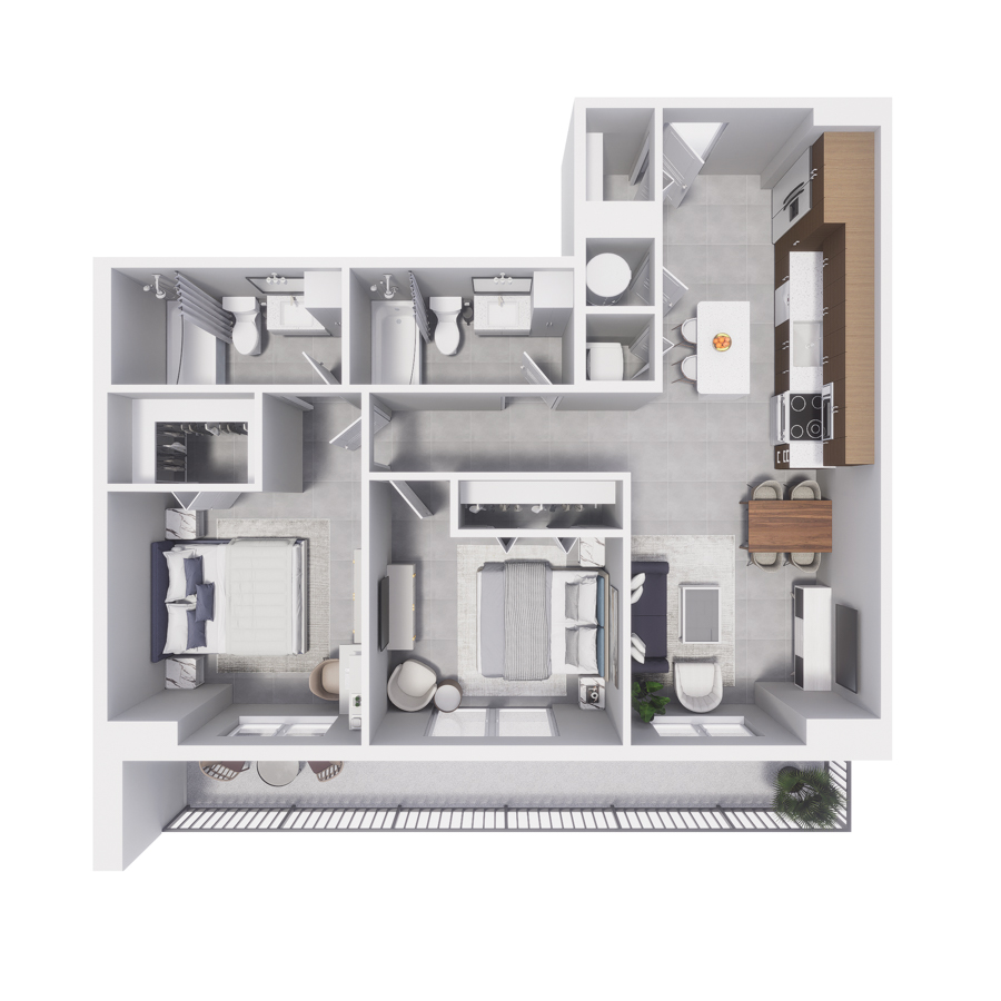 Rendering of the B5 floor plan with 2 bedroom[s] and 2 bathroom[s] at Arte Grand Central