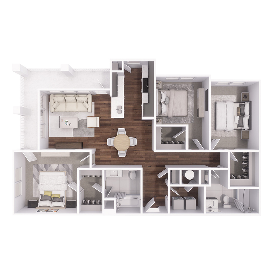 Rendering of the C1 floor plan with 3 bedroom[s] and 2 bathroom[s] at Residence at Old Hickory Lake