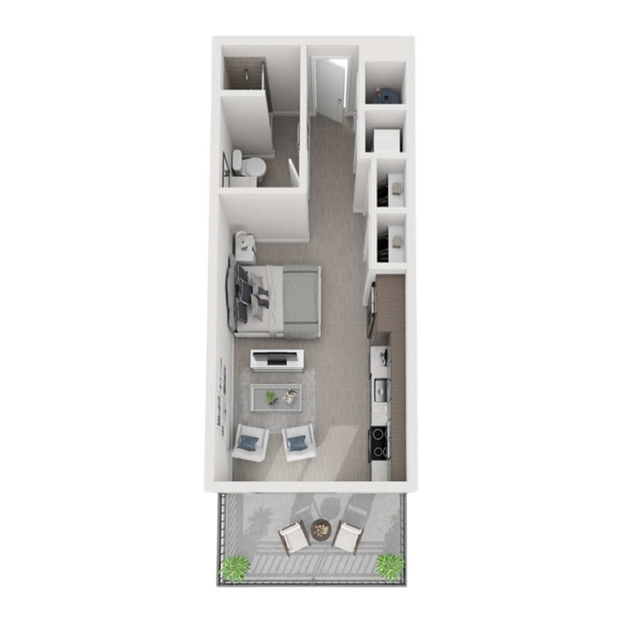 Rendering of the S6 floor plan with a Studio bedroom and 1 bathroom[s] at Arte Grand Central