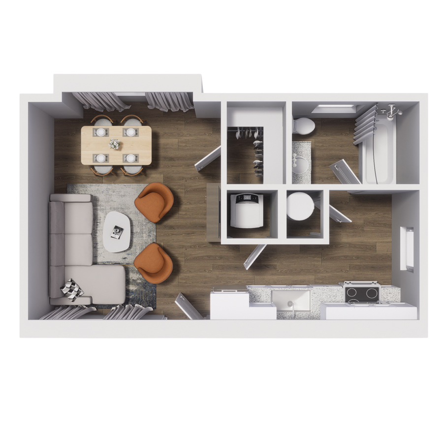 Rendering of the S1 floor plan with a Studio bedroom and 1 bathroom[s] at Cottages at Abbott Station