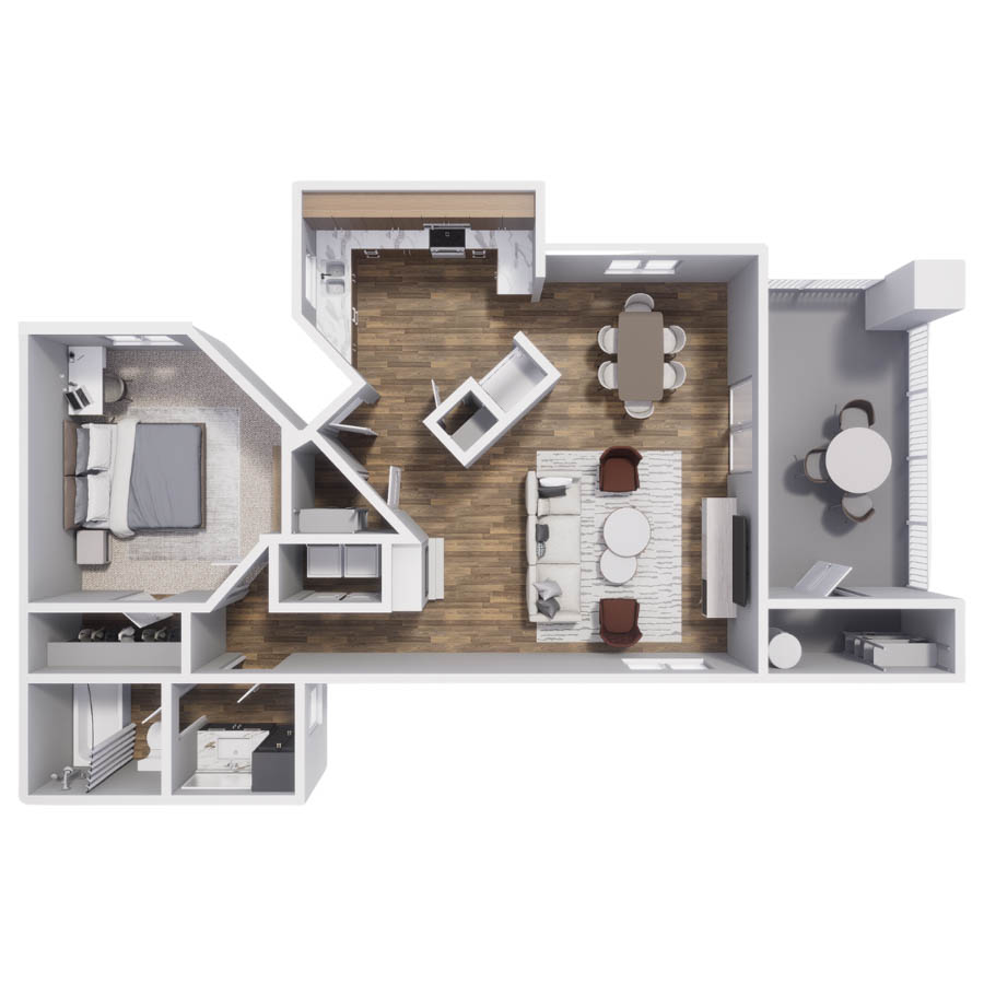 Rendering of the 1B floor plan with 1 bedroom[s] and 1 bathroom[s] at Pavilions at Arrowhead