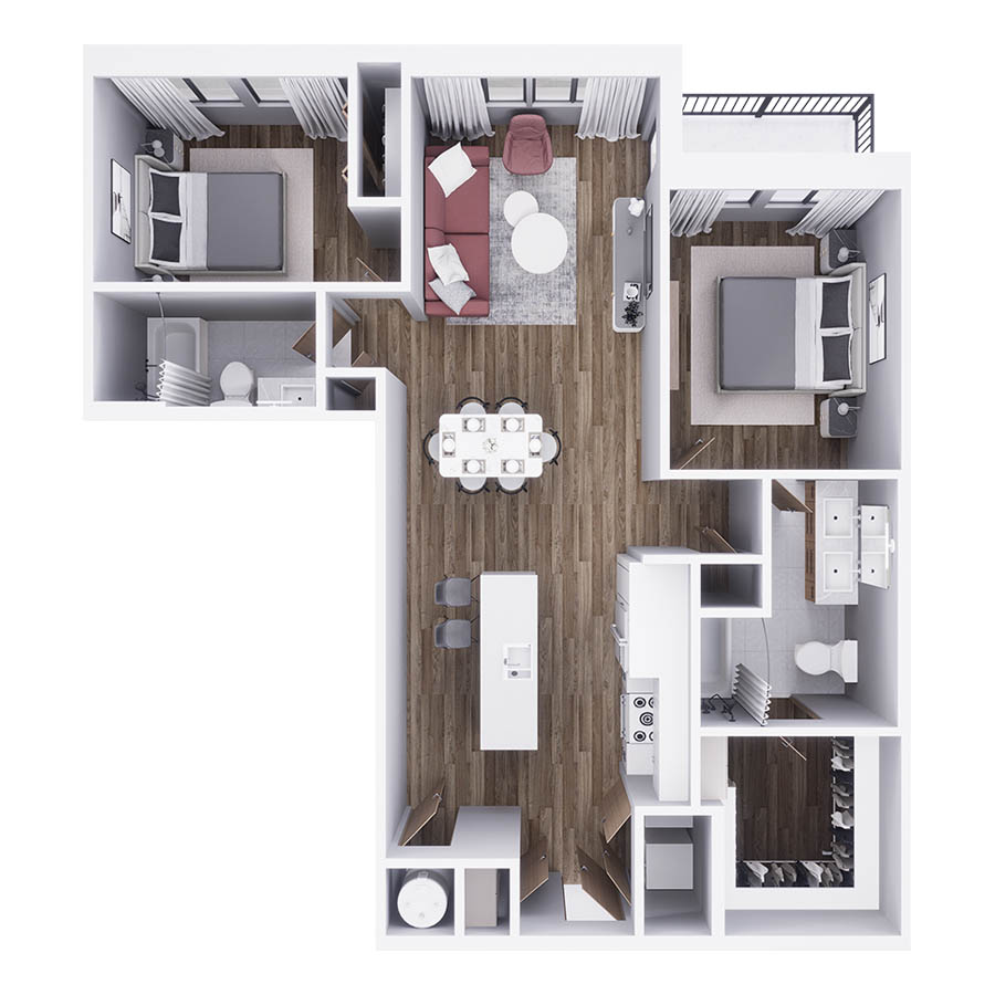 Rendering of the B5 floor plan with 2 bedroom[s] and 2 bathroom[s] at 29x